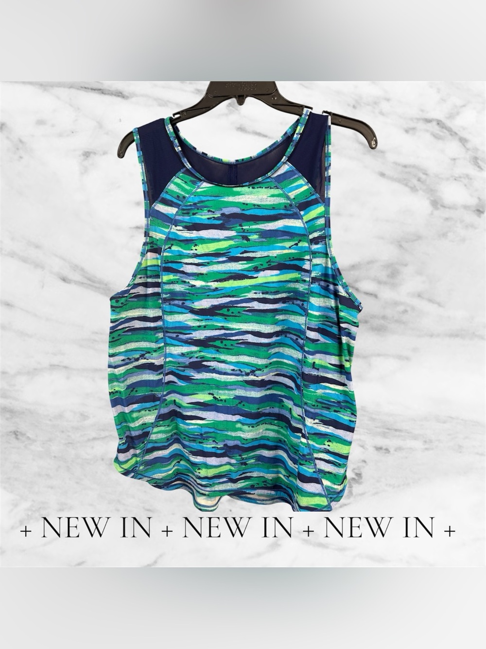 Lululemon Racerback Tank Top Size Large Blue Green Abstract Print Mesh Back